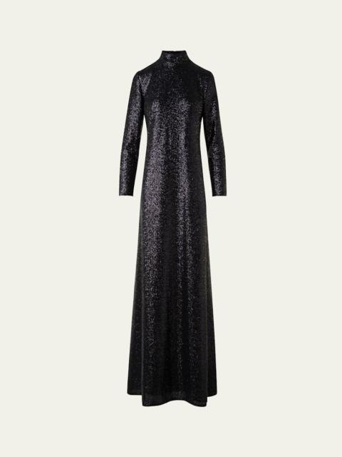 AKRIS Sequined Jersey High-Neck Long Sleeve Gown