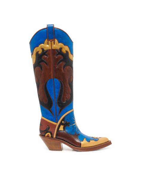 GABRIELA HEARST Hand Painted Capitana Cowboy Boot in Cognac, Blue & Gold Leather