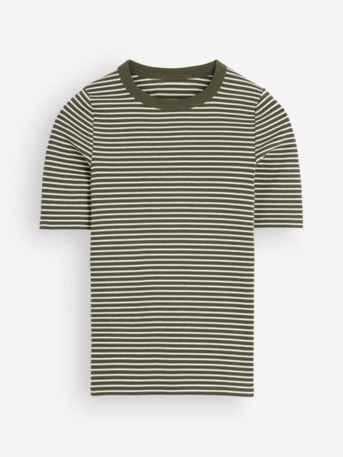 BODEN Ribbed Cotton T-Shirt-Falcon Green and Ivory Stripe