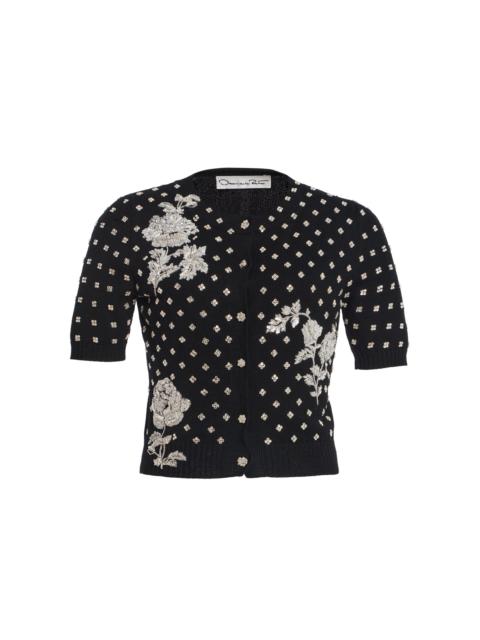 Oscar de la Renta Floral Crystal-Embroidered Wool Cardigan black
