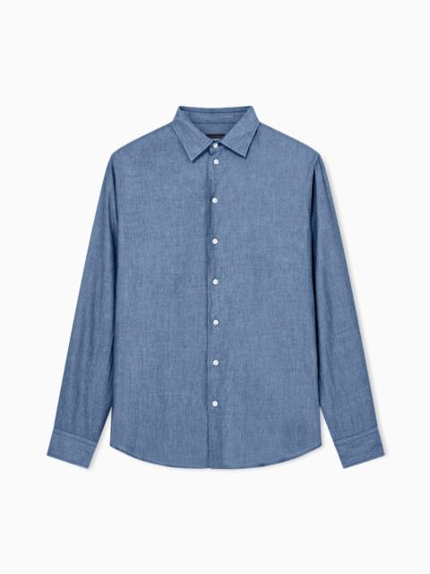 EMPORIO ARMANI DENIM-EFFECT COTTON CHAMBRAY SHIRT WITH A CLASSIC COLLAR