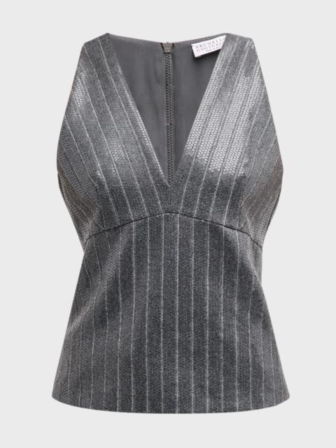 Pinstripe Sequin Embroidered Flannel Sleeveless Top