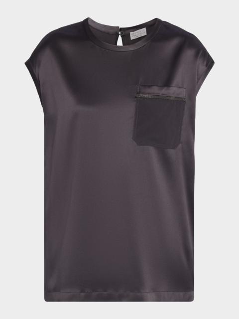 Brunello Cucinelli Monili Trim Stretch Satin Cap-Sleeve Shirt