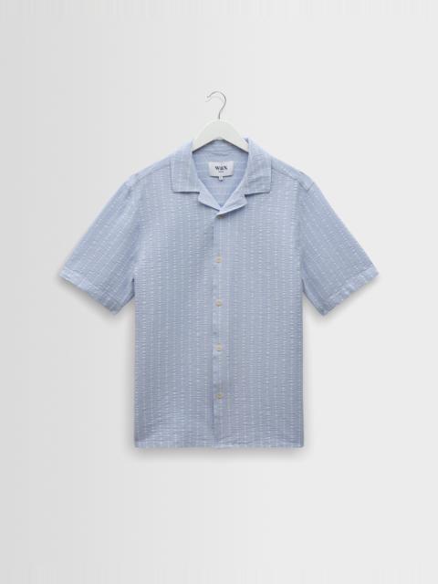 Wax London Didcot - Blue And Ecru Seersucker Stripe Short-Sleeve Shirt