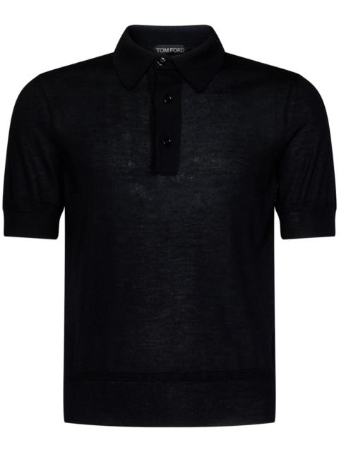 Short-sleeved black fine gauge cashmere and silk knit polo shirt with ribbed trims.