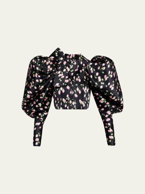 Marc Jacobs Rose-Print Satin Bow Balloon-Sleeve Crop Jacket
