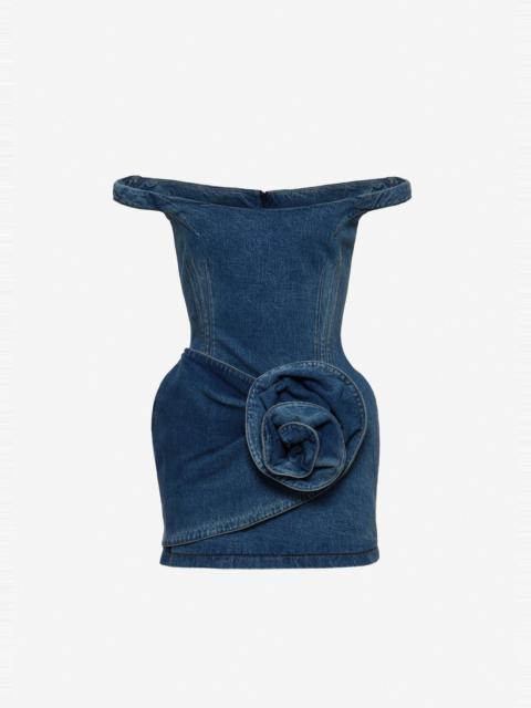 MAGDA BUTRYM Off-shoulder denim mini dress with sculpted flower in blue