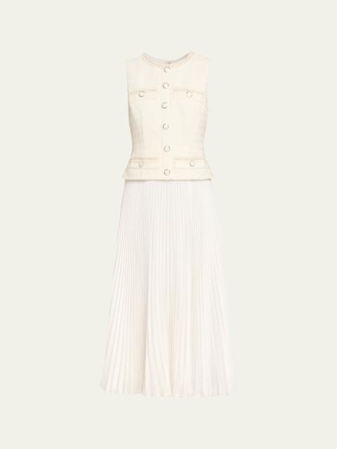 MILLY Pleated Boucle Mixed Media Midi Dress