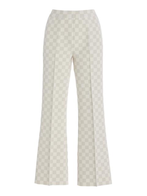 HIGH SPORT Exclusive Kick Checked Stretch-Cotton Knit Cropped Flared Pants ivory