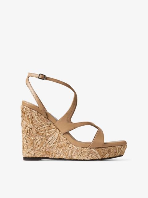 JIMMY CHOO Ayla 110
Cappuccino Nappa Leather and Flower Woven Raffia Wedges