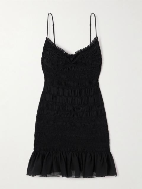 SAINT LAURENT Smocked ruffled silk-crepon mini dress Black