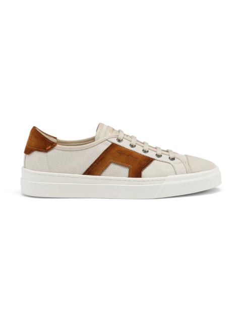 Santoni Men's beige and brown canvas and suede Double Buckle Sneaker