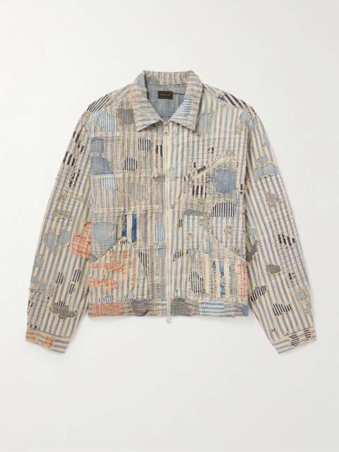 Liberty Distressed Embroidered Striped Cotton-Blend Blouson Jacket