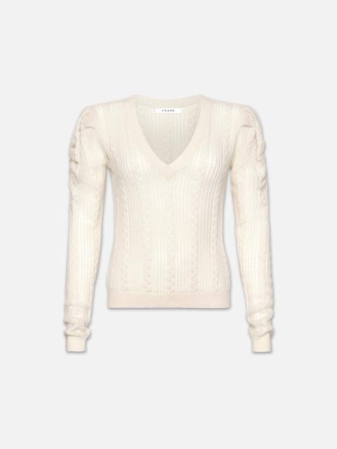 Pointelle Cashmere Ruched Sweater in Off White