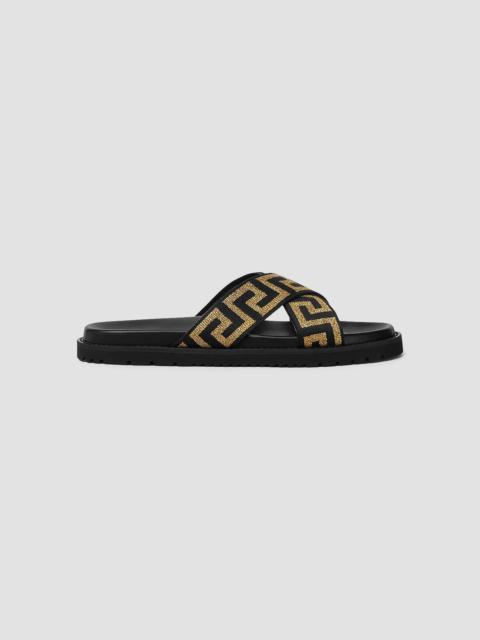 VERSACE Men's La Greca Jacquard Slide Sandals - Black Gold