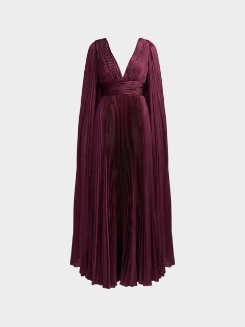 MAC DUGGAL Metallic Pleated Charmeuse Cape Gown
