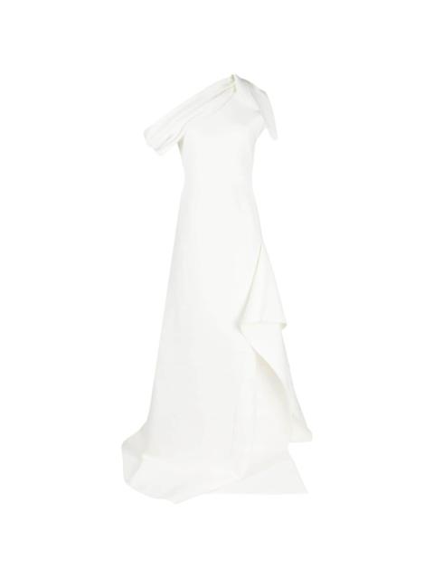 asymmetric off-shoulder gown