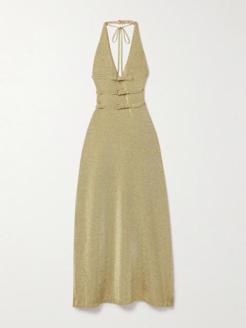 Cult Gaia Evaleigh buckled metallic knitted halterneck midi dress Gold