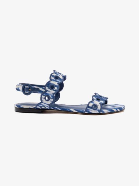 Larroudé Florence Broderie Flat Sandal In Tie Dye Blue Raffia