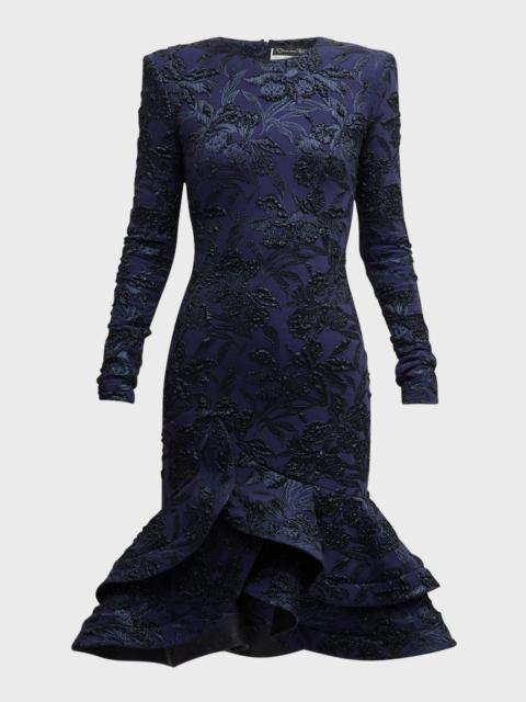 Oscar de la Renta Long-Sleeve Metallic Orchid Jacquard Mini Flare Dress