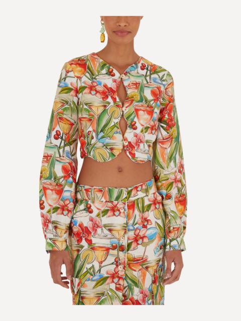 FARM RIO Cocktail Off-White Wavy Long-Sleeve Top