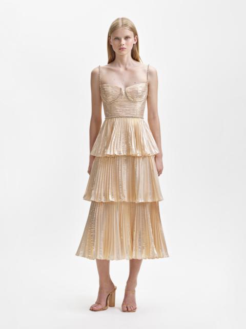 self-portrait Gold Metallic Tiered Midi Dress