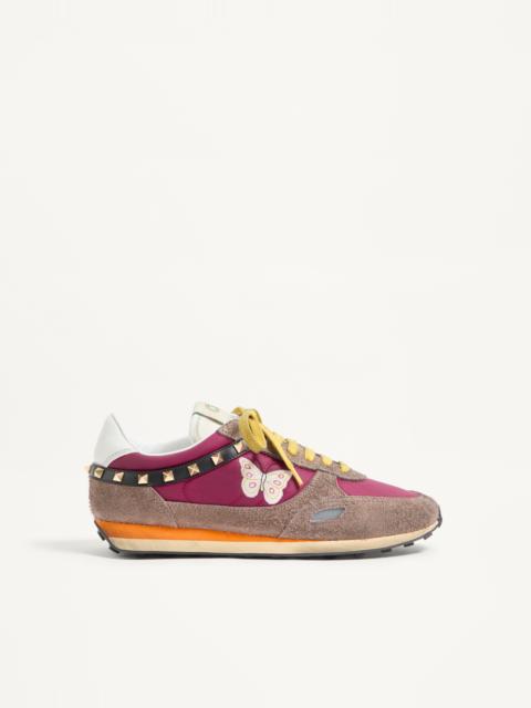 Valentino STUD UP SNEAKER IN SPLIT LEATHER AND NYLON WITH BUTTERFLY EMBROIDERY