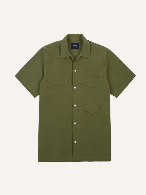 Drake's Olive Cotton-Linen Camp Collar Three Pocket Short Sleeve Shirt