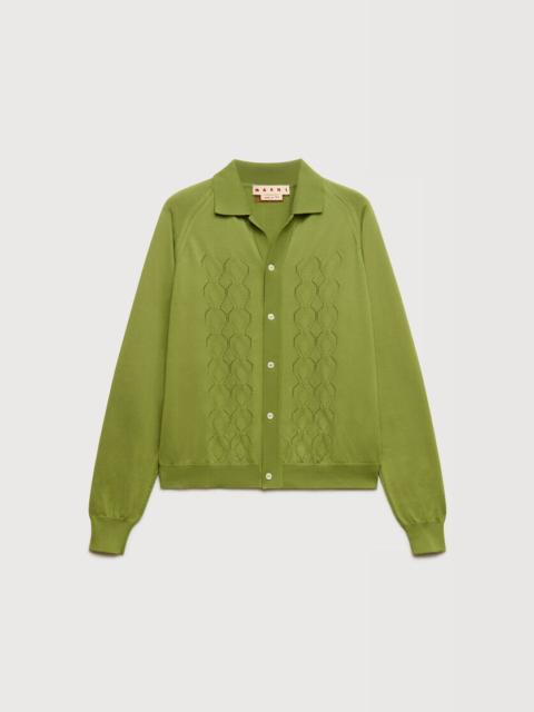 Marni GREEN TECHNO KNIT CARDIGAN WITH POLO COLLAR