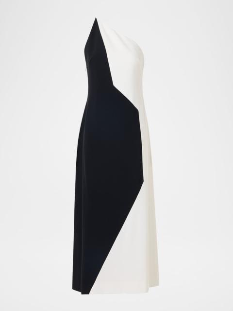 AKRIS High Plains Patchwork Crepe One-Shoulder Midi Dress