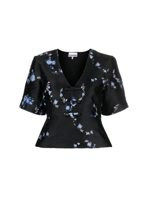 floral-jacquard V-neck blouse