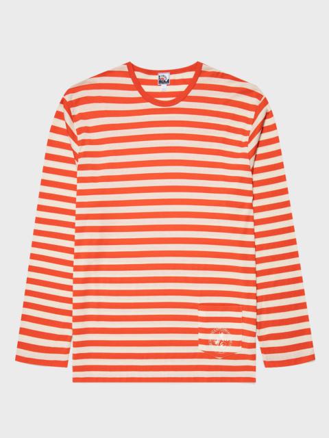 Nigel Cabourn x Sunspel Long Sleeve Pocket T-Shirt in Orange/Stone Stripe