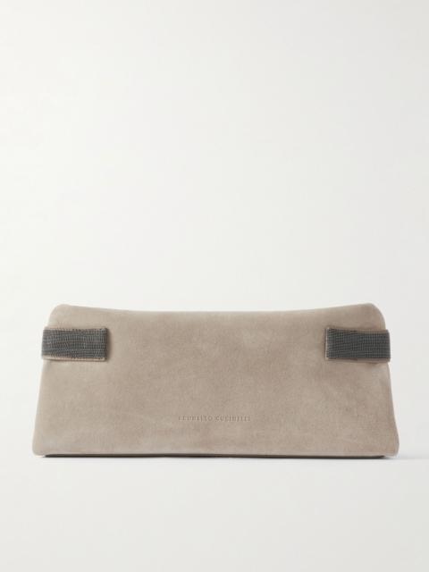 Brunello Cucinelli Bead-embellished leather-trimmed suede clutch Gray