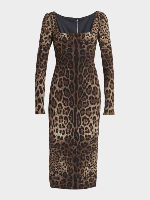Dolce & Gabbana Leopard-Print Cady Long-Sleeve Midi Dress