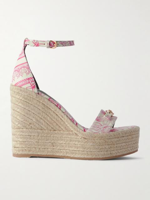 VERSACE Embellished Printed Leather Espadrille Wedge Sandals