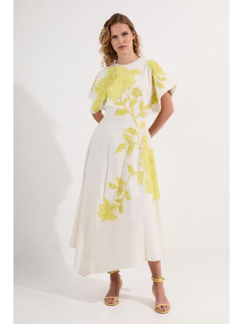 KAREN MILLEN Petite Applique And Beaded Linen Woven Midi Dress With Tie Back Detail