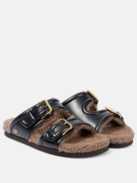 Faux fur-trimmed leather sandals