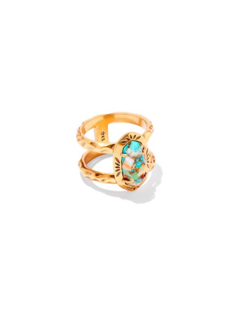 KENDRA SCOTT Elyse Vintage Gold Etch Frame Band Ring in Bronze Veined Turquoise Magnesite Red Oyster