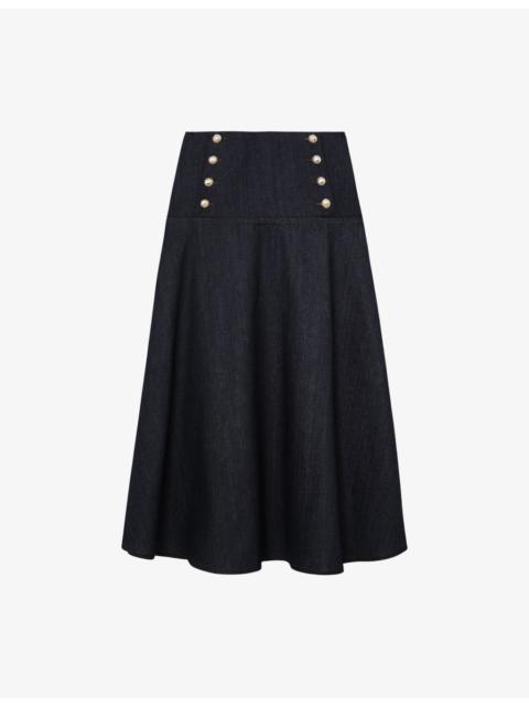 REISS Skylar Button-Embellished Denim Midi Skirt