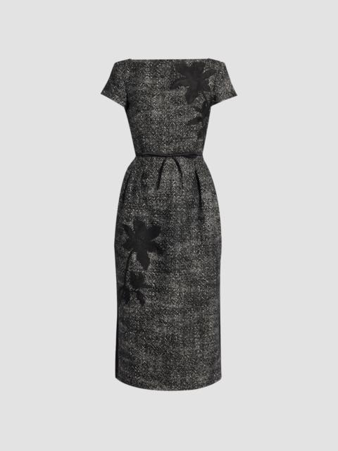 Erdem FLORAL EMBROIDERED WOOL SHORT SLEEVE MIDI DRESS