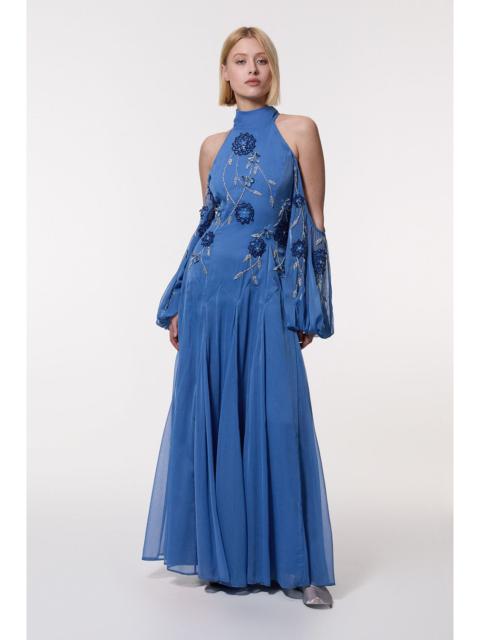KAREN MILLEN Cold Shoulder 3D Floral Applique Woven Maxi Dress