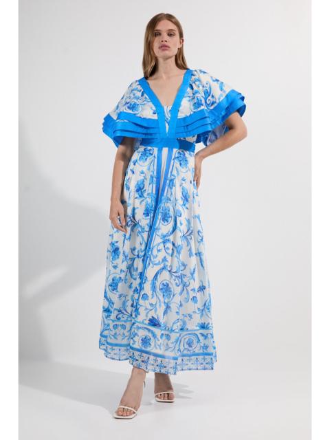 KAREN MILLEN Organdie Ruffle Sleeve Plunge Neck Floral Print Woven Maxi Dress