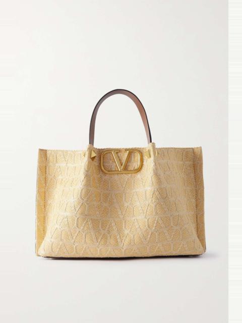 Valentino VLOGO medium leather-trimmed embroidered raffia tote