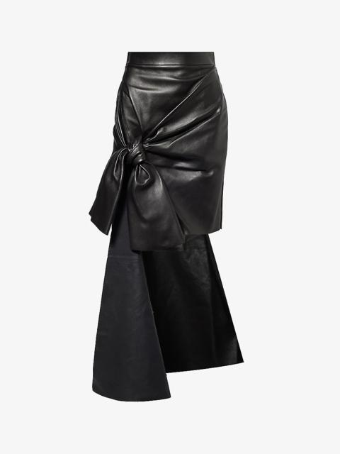 Draped bow-embellished high-rise leather midi skirt