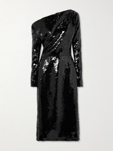 16ARLINGTON Danae Draped Asymmetric Sequined Crepe Midi Dress