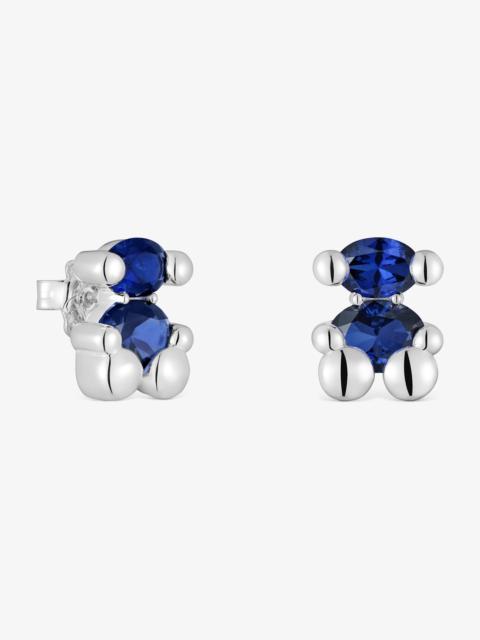 TOUS 13 mm silver bear motif Earrings with lab-grown blue sapphire Color Bear LGG