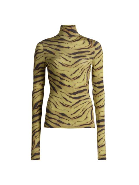 GANNI Women's Tiger-Stripe Jersey Turtleneck Top - Khaki