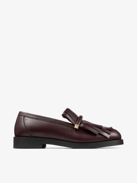 JIMMY CHOO Eska Loafer Deep Merlot Leather Loafers with Fringed Detail