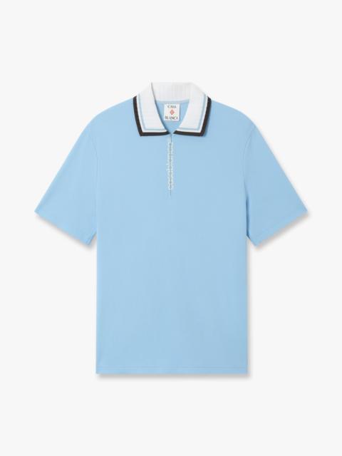 CASABLANCA Pale Blue Pique Quarter Zip Short Sleeve Polo Shirt | Casablanca Paris
