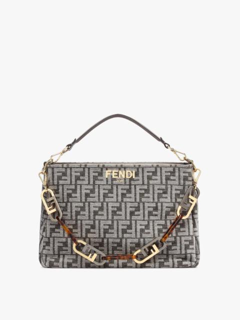 Shoulder bag made of chenille with dark gray FF tapestry motif, decorated with metal Fendi Roma lett